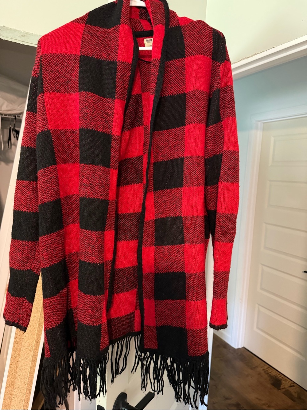 Ruff Hewn Red and Black Buffalo Plaid Open-Front Cardigan with Fringe